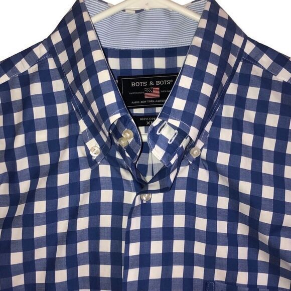 Bots & Bots shirt XL 100% cotton blue white gingham short sleeve button logo'd - Picture 2 of 9